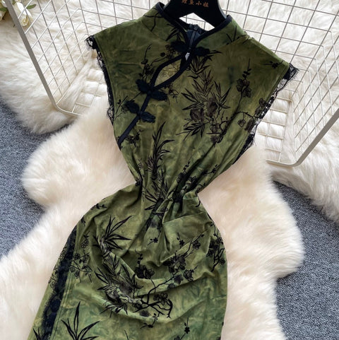 Floral Print Split Cheongsam Dress