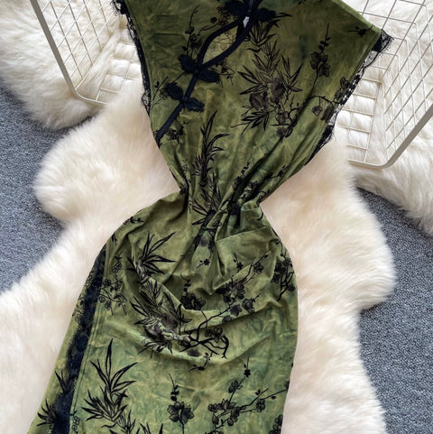 Floral Print Split Cheongsam Dress