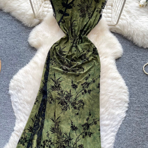 Floral Print Split Cheongsam Dress