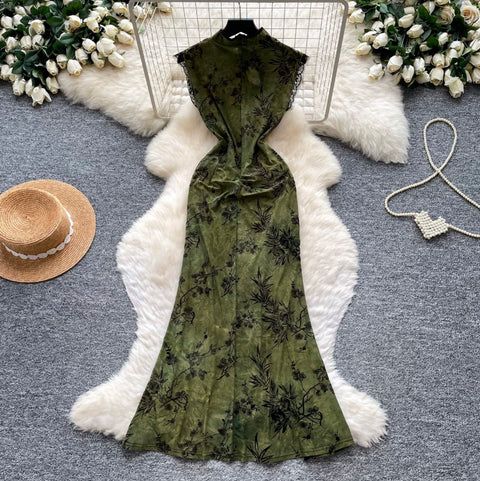 Floral Print Split Cheongsam Dress