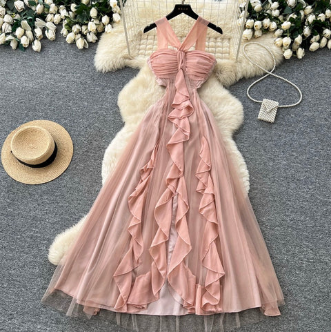French Style Pink Mesh Halter Dress
