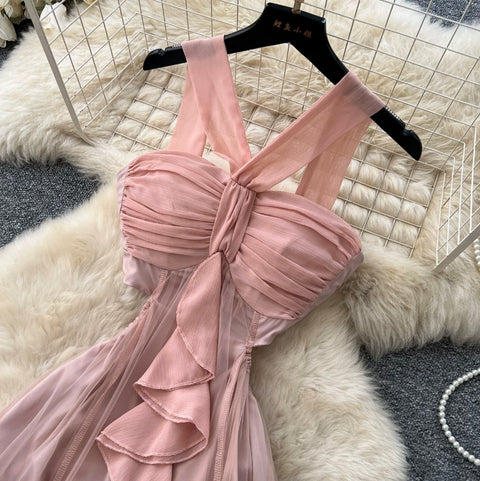 French Style Pink Mesh Halter Dress