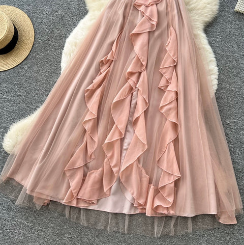 French Style Pink Mesh Halter Dress