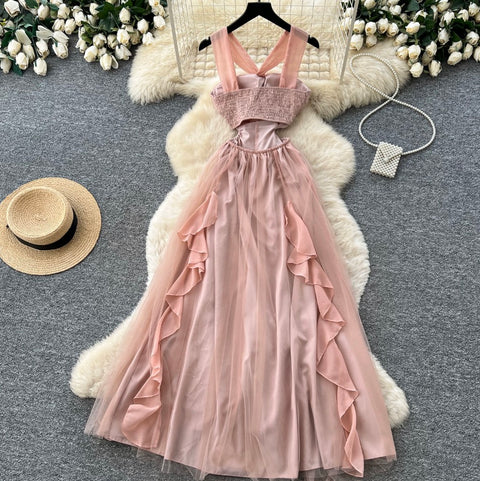 French Style Pink Mesh Halter Dress