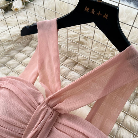 French Style Pink Mesh Halter Dress