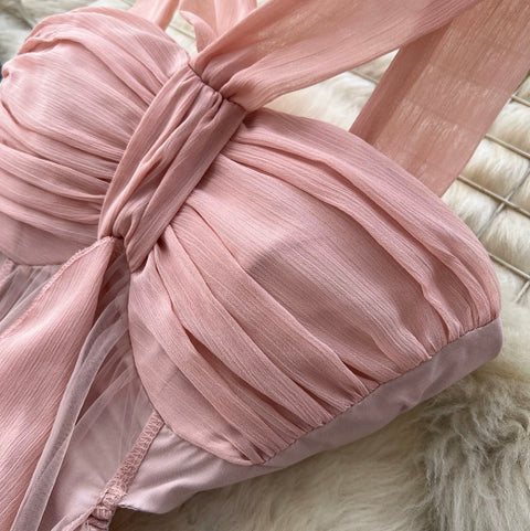 French Style Pink Mesh Halter Dress