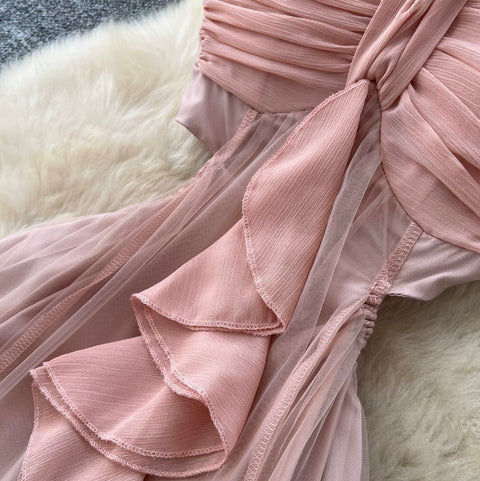 French Style Pink Mesh Halter Dress