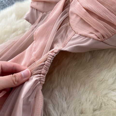 French Style Pink Mesh Halter Dress