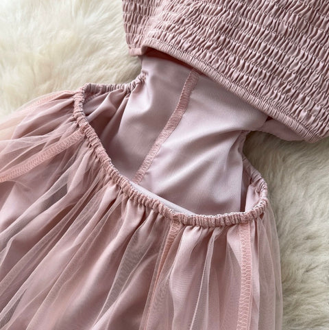 French Style Pink Mesh Halter Dress