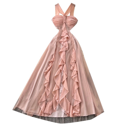 French Style Pink Mesh Halter Dress