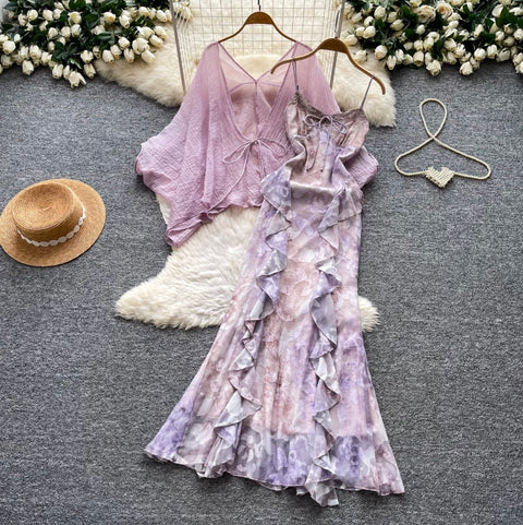 Fairy Cardigan & Ruffled Slip Dress 2Pcs