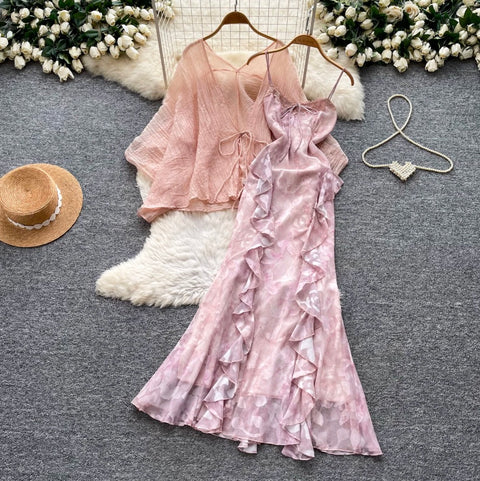 Fairy Cardigan & Ruffled Slip Dress 2Pcs