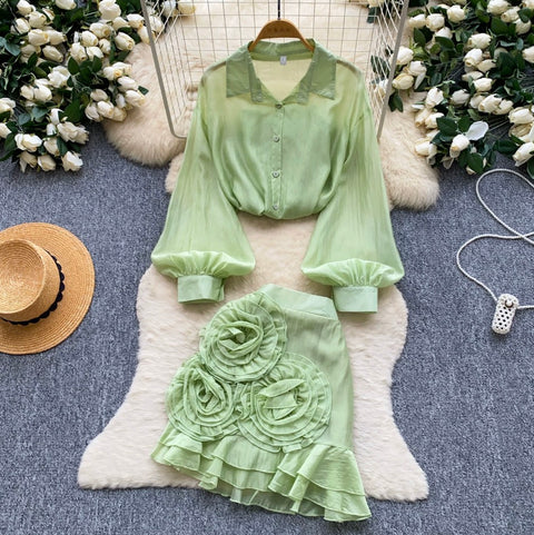 Shirt & 3D Ruffled Skirt 2Pcs