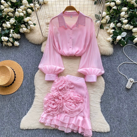 Shirt & 3D Ruffled Skirt 2Pcs