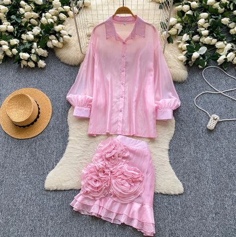 Shirt & 3D Ruffled Skirt 2Pcs