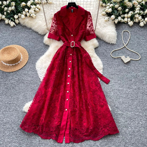 Suit Collar Lace Dress with Belt