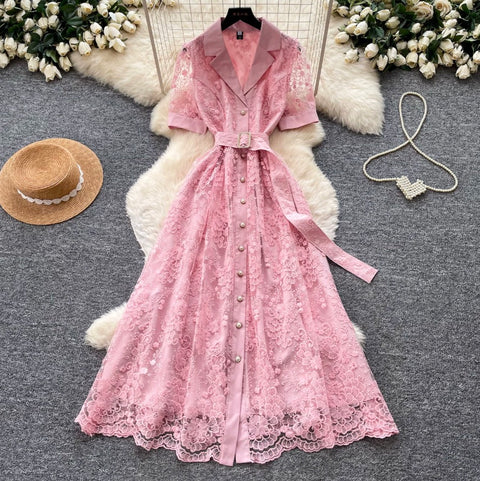 Suit Collar Lace Dress with Belt