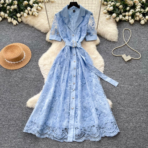 Suit Collar Lace Dress with Belt