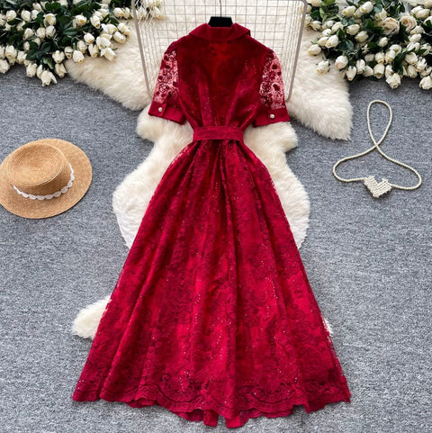 Suit Collar Lace Dress with Belt