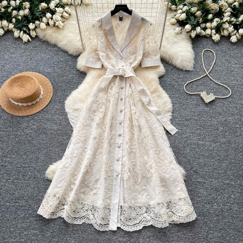 Suit Collar Lace Dress with Belt