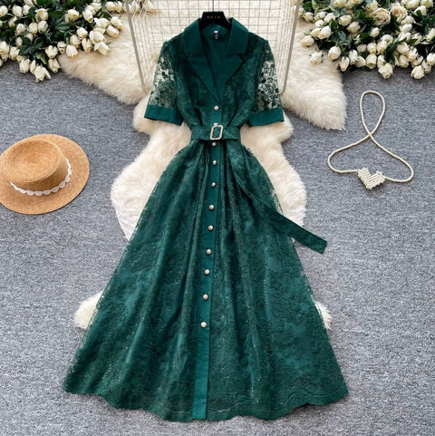 Suit Collar Lace Dress with Belt