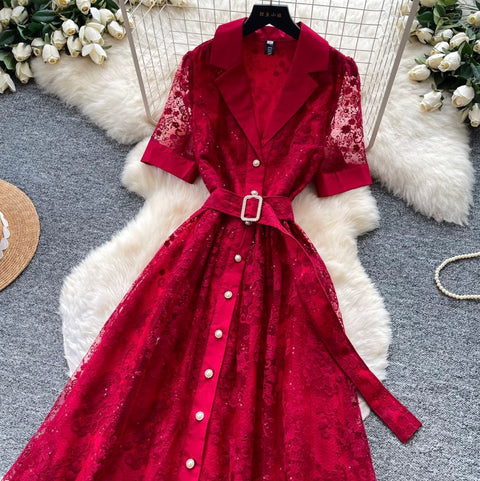 Suit Collar Lace Dress with Belt