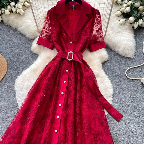 Suit Collar Lace Dress with Belt