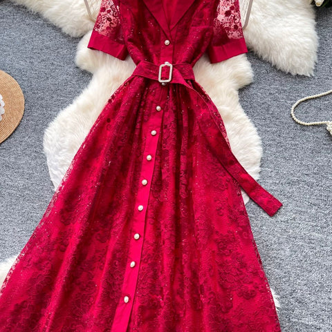 Suit Collar Lace Dress with Belt