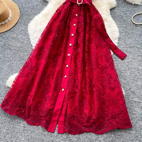 Suit Collar Lace Dress with Belt