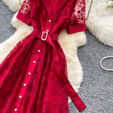 Suit Collar Lace Dress with Belt