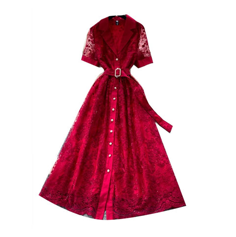 Suit Collar Lace Dress with Belt