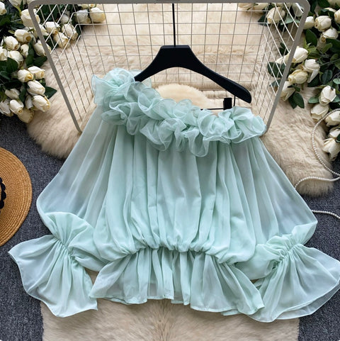 Slant Neckline Ruffled Chiffon Shirt