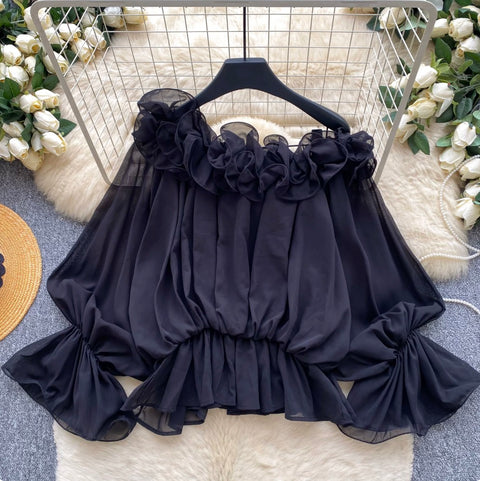 Slant Neckline Ruffled Chiffon Shirt