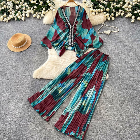 Printed V-neck Cardigan & Trousers 2Pcs