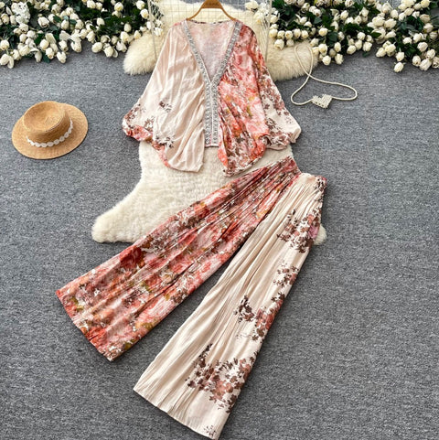 Printed V-neck Cardigan & Trousers 2Pcs