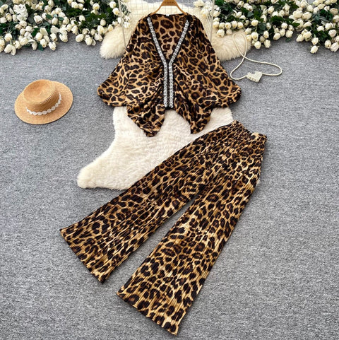 Printed V-neck Cardigan & Trousers 2Pcs