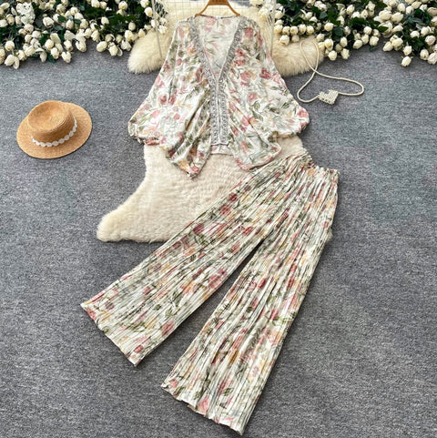 Printed V-neck Cardigan & Trousers 2Pcs