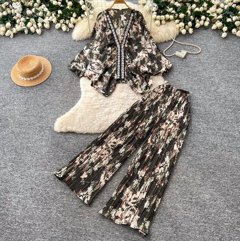 Printed V-neck Cardigan & Trousers 2Pcs