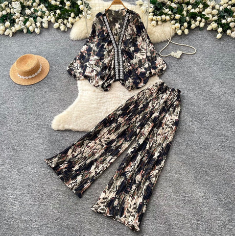 Printed V-neck Cardigan & Trousers 2Pcs
