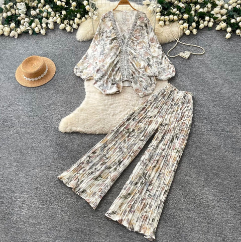 Printed V-neck Cardigan & Trousers 2Pcs