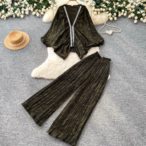 Printed V-neck Cardigan & Trousers 2Pcs