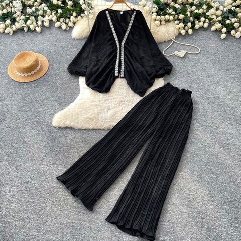 Printed V-neck Cardigan & Trousers 2Pcs