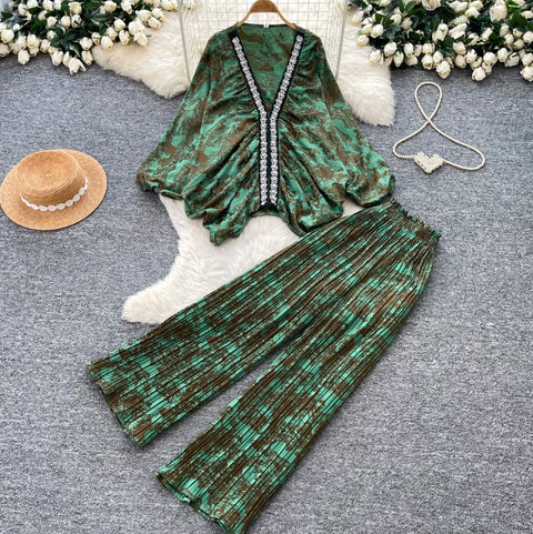 Printed V-neck Cardigan & Trousers 2Pcs