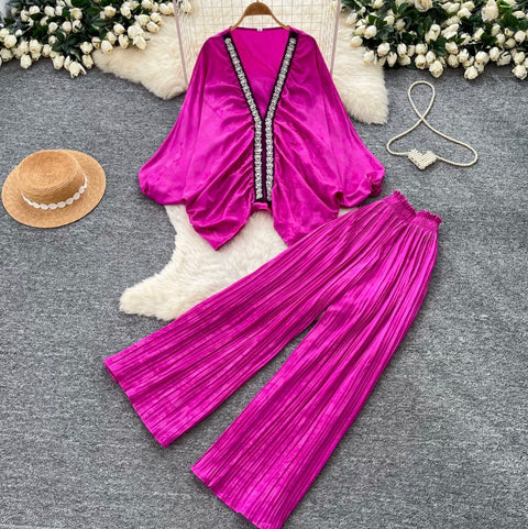Printed V-neck Cardigan & Trousers 2Pcs