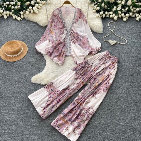 Printed V-neck Cardigan & Trousers 2Pcs
