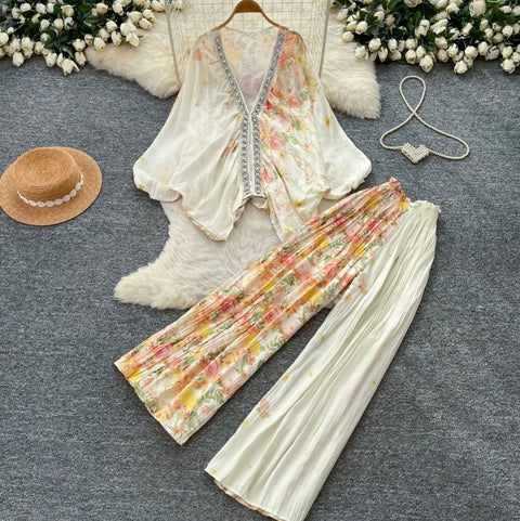 Printed V-neck Cardigan & Trousers 2Pcs