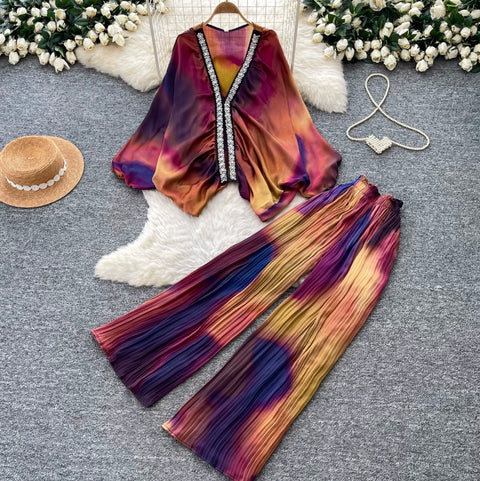 Printed V-neck Cardigan & Trousers 2Pcs