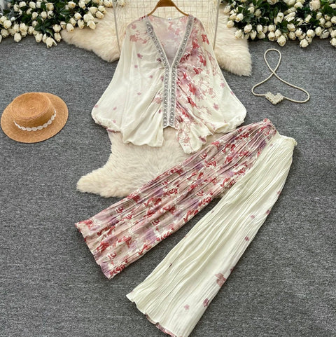 Printed V-neck Cardigan & Trousers 2Pcs