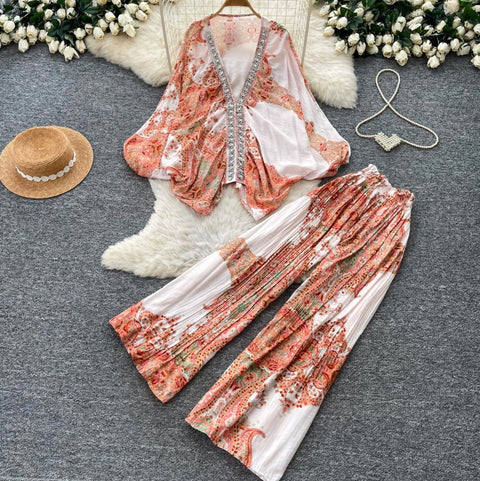 Printed V-neck Cardigan & Trousers 2Pcs