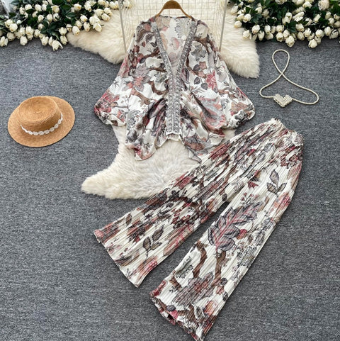Printed V-neck Cardigan & Trousers 2Pcs